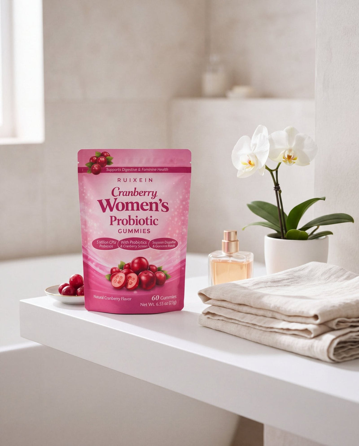 Supplement pouches on a bathroom shelf