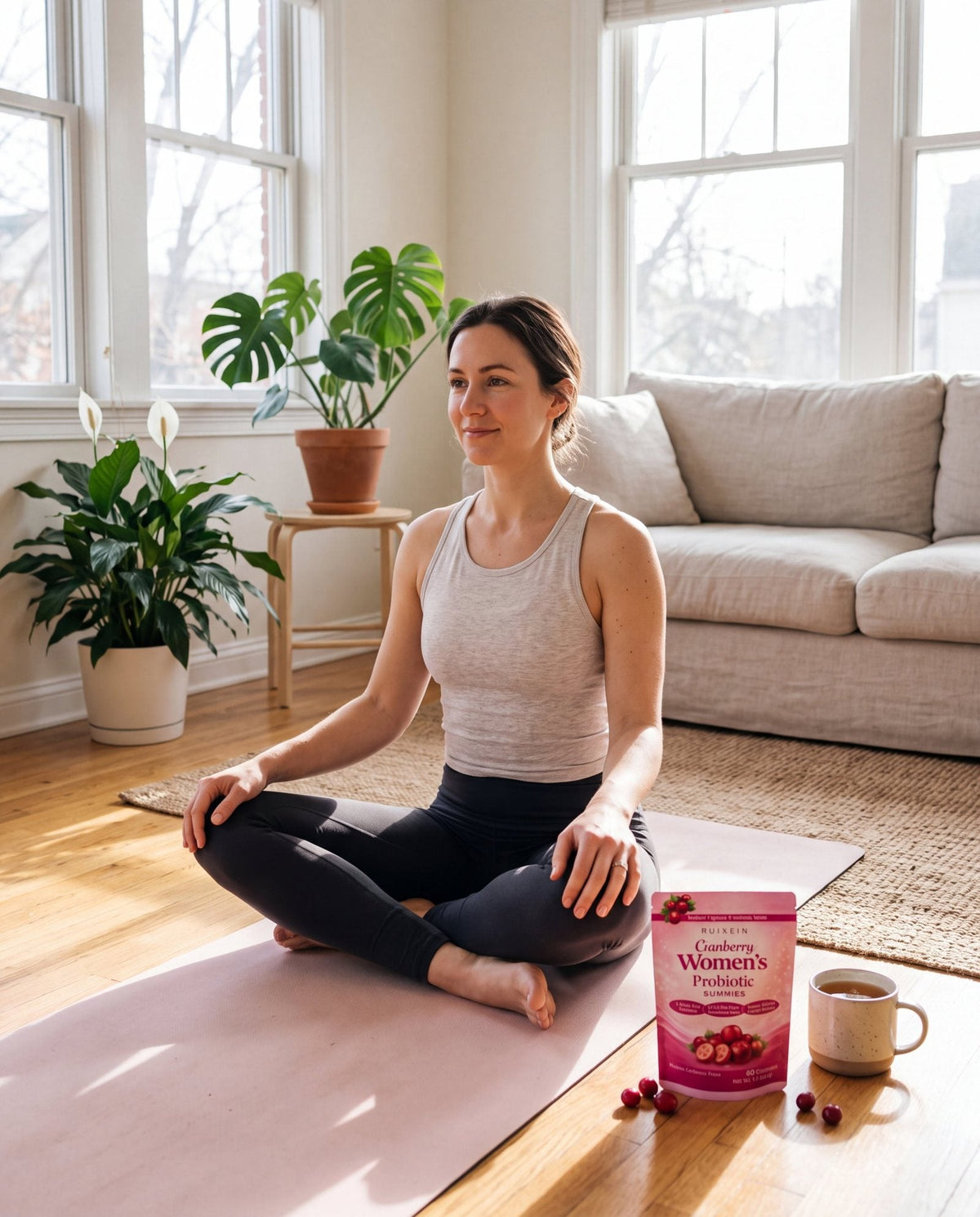 Woman after yoga with a probiotic gummies pouch