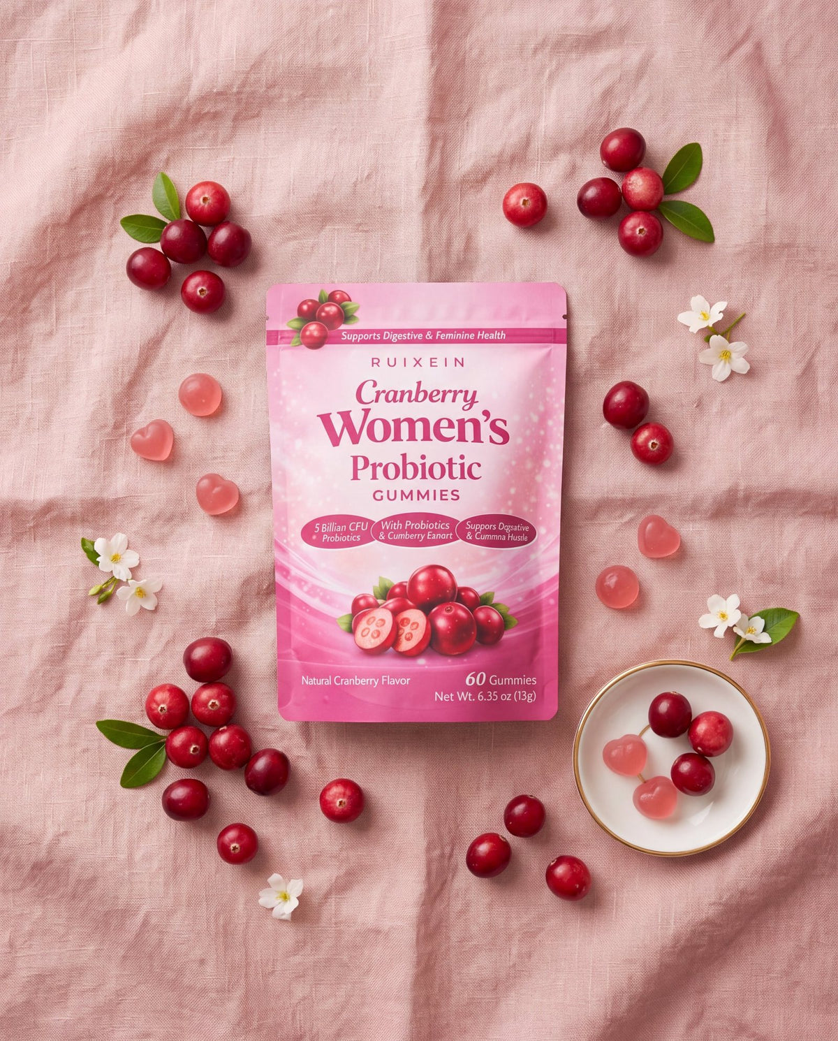 RUIXEIN Cranberry Women's Probiotic Gummies pouch with fresh cranberries, flat lay