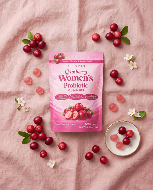 RUIXEIN Cranberry Women's Probiotic Gummies pouch with fresh cranberries, flat lay