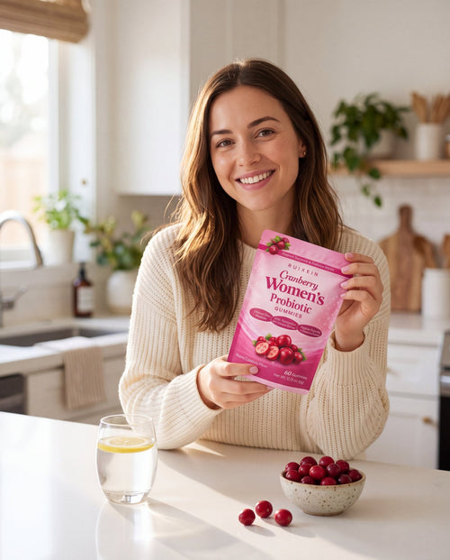 Cranberry Women's Probiotic Gummies pouch on a bright kitchen counter